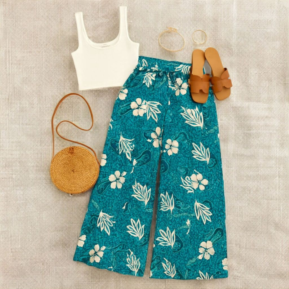 Vintage Blue White Floral 90s Hawaiian Vacation Wrap Pants